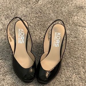 Kors peep toe wedge black patent